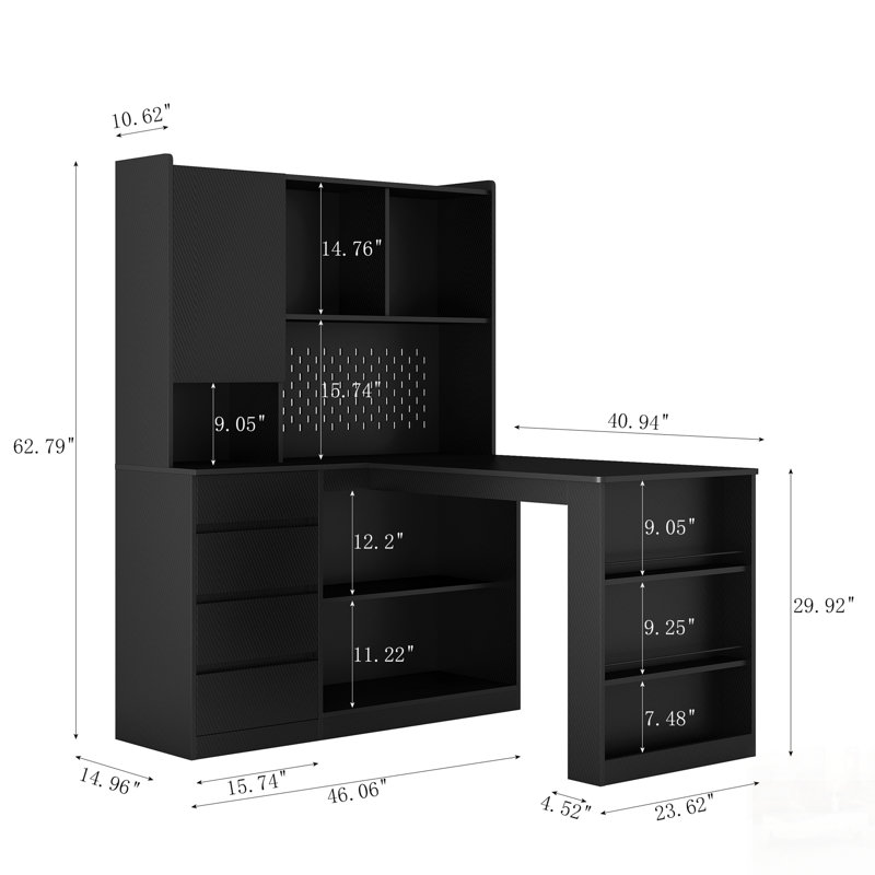 Bureau en L avec tiroirs, bibliothèque, lumière DEL, conception d'angle moderne pour le bureau à domicile et les jeux, Noir