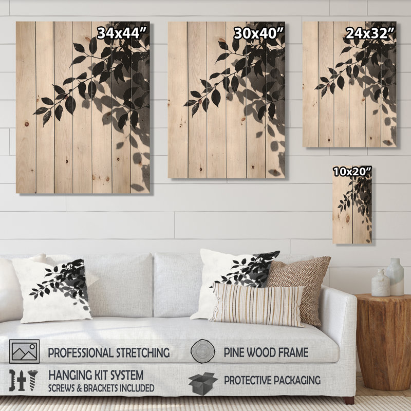 Black Leaves Shadow Silhouette II - Leaves Wood Wall Decor - On Natural Pine Wood, 40" H x 30" W x 0.78" D