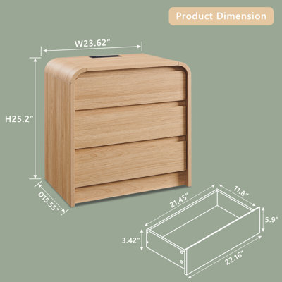  Maud 25" Tall Modern Nightstand with Charging Station, 23.6'' Wide Wood Bedside Table w/3 Storage Drawers