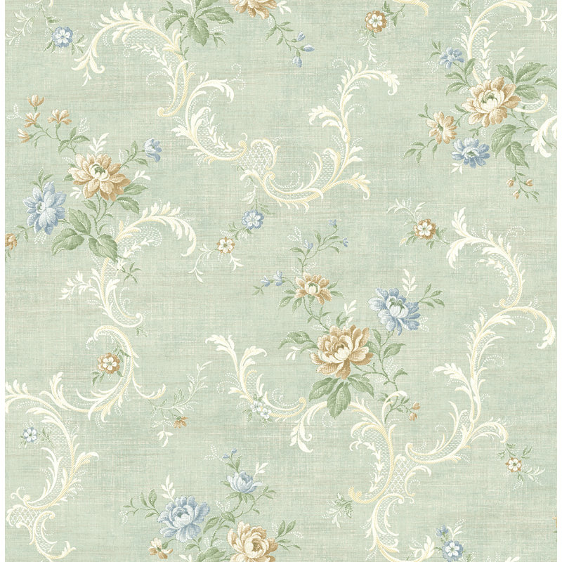 Rouleau de papier peint à volutes florales L 33 pi x l 20,5 po Fyfe, Bleu ciel / chatoiement doré