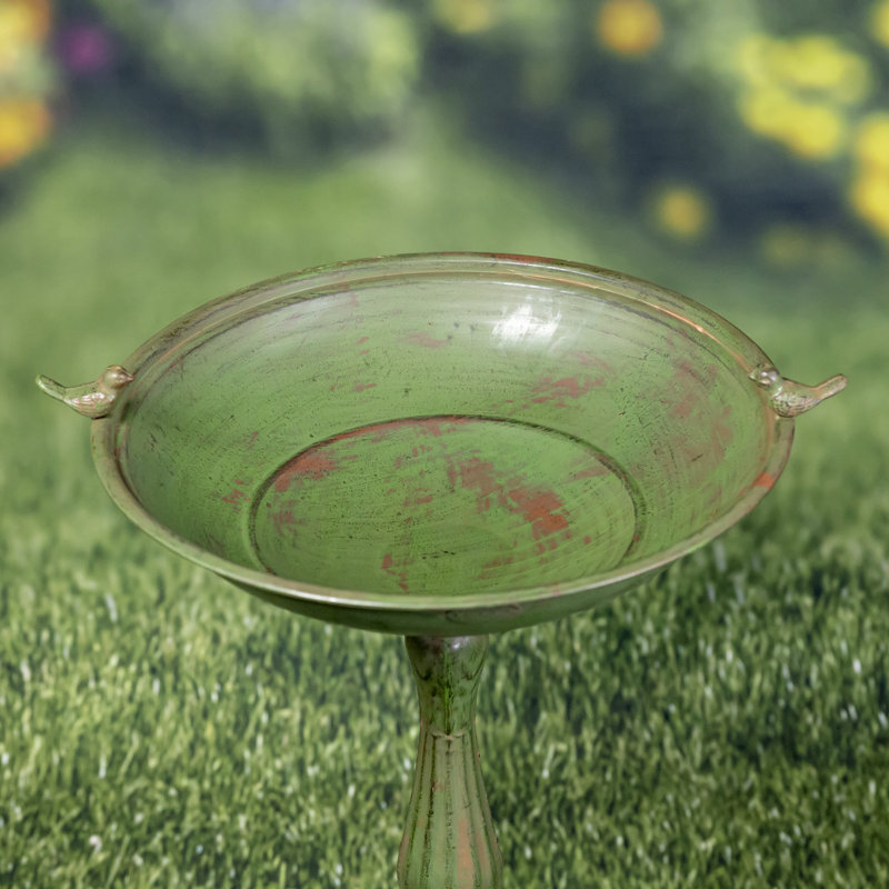 Green Ornate Metal Pedestal Birdbath with Cast Iron Birds