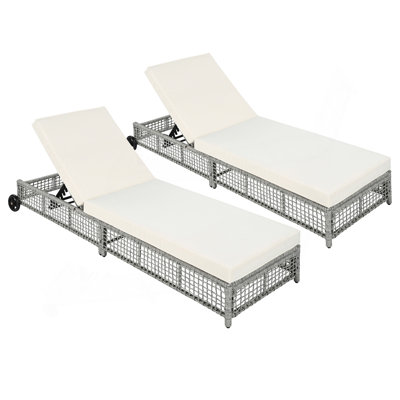 Ensemble de 2 chaises longues d'extérieur, chaise longue de patio avec dossier à 5 positions, chaise longue d'extérieur en rotin avec coussin et roues pour la piscine, la cour, le jardin (gris et beige)