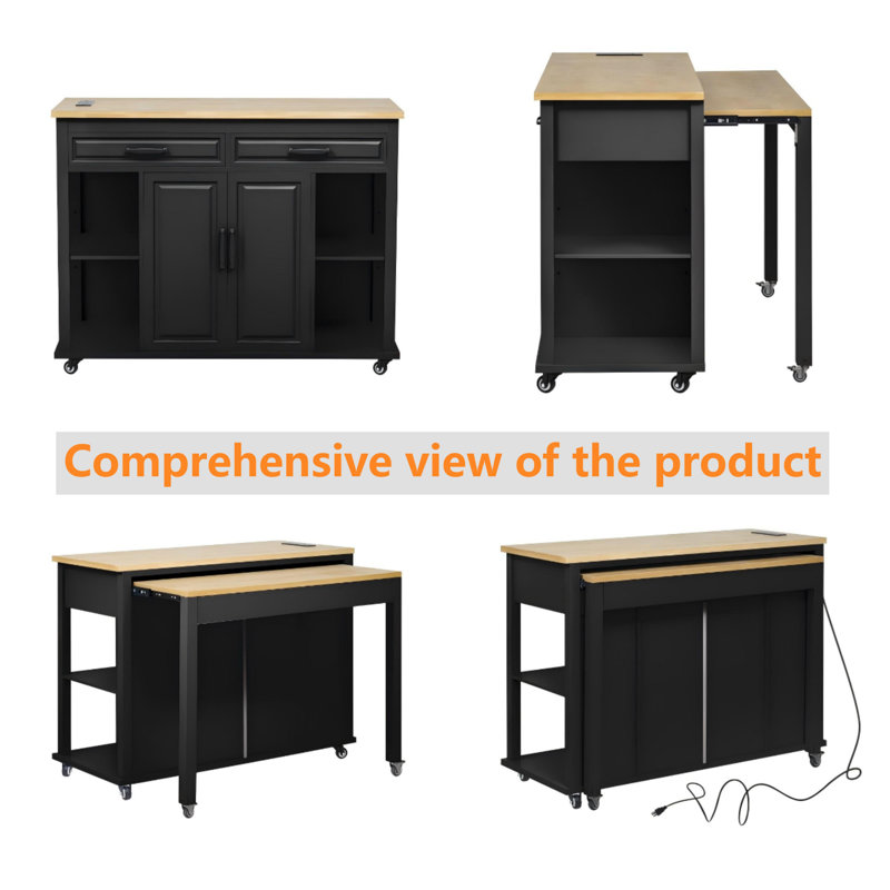 47" Kitchen Island With Extendable Dining Table, Rubber Wood Veneer Kitchen Table With Internal Storage Rack, Power Outlet, Kitchen Island With Storage 2 Drawers 2 Cabinet