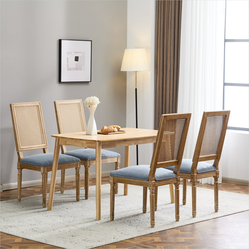 Chaises d'appoint rembourrées en tissu bleu foncé pour la salle à manger - ensemble de 4 avec structure en bois massif - style champêtre français