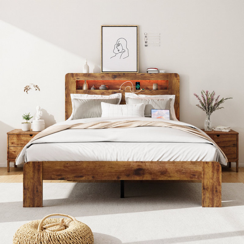 King Size Storage Bed Frame with LED Headboard & USB Charging - Noise-Free, Dark Brown, No Box Spring Needed, King