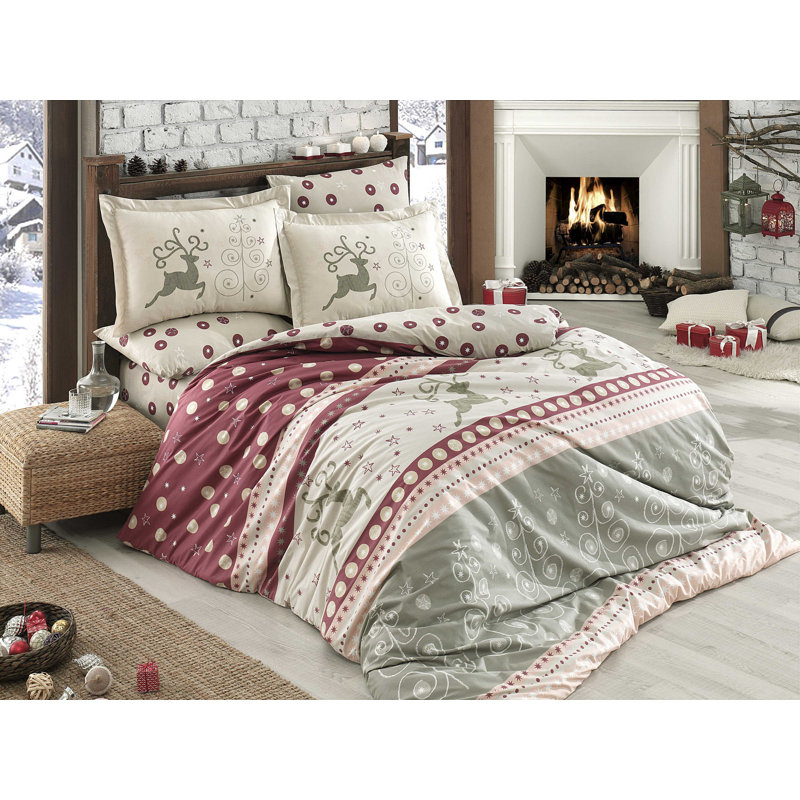 Ensemble de housse de couette 100% coton blanc / gris / rouge Nora