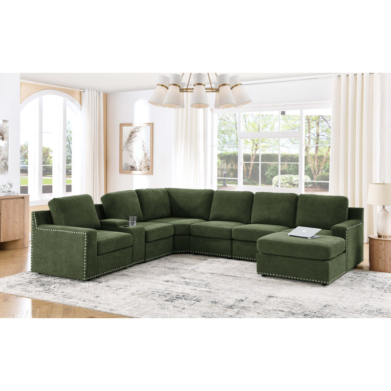 Akshada 128" Wide Reversible Modular Corner Sectional with Ottoman, Dark Green Polyester Blend