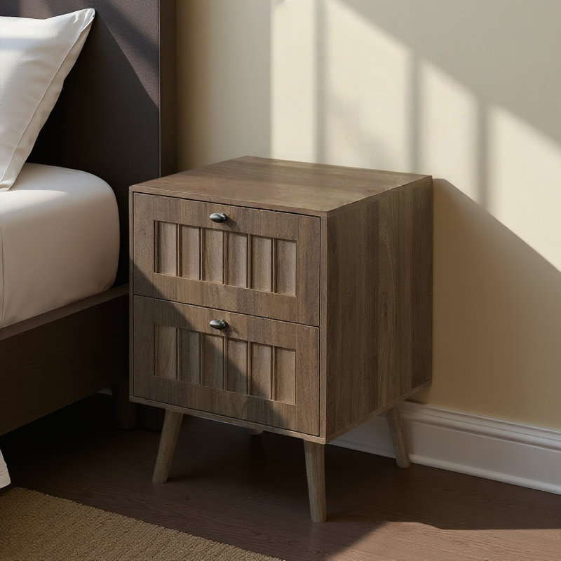 15.75”mid-century Modern Walnut Nightstand, 2 Drawers, Solid Wood Legs, 2-pack