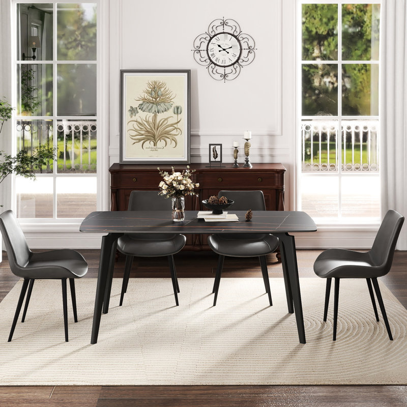 Table de salle à manger rectangulaire en pierre frittée 62,36 ", conception moderne, pieds en métal noir, stable, ignifuge, sans odeur, peut accueillir 6 personnes, teint, facile à nettoyer