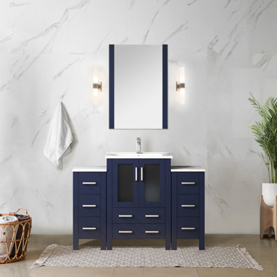 48 In. Wide Navy Blue Single Bath Vanity Comes With 18.25 Deep Side Cabinets, White Ceramic Top, Faucet , Soft - Close Drawers, One Interior Cabinet For Storage, Scratch And Stain Surface, Stainless