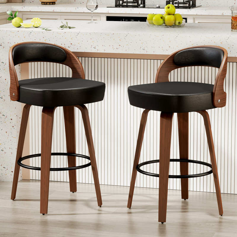 Ensemble de 2 tabourets de bar pivotants à hauteur de comptoir de 26,8 po pour îlot de cuisine, tabourets de bar noirs revêtus de similicuir et pieds en bois massif, Vf