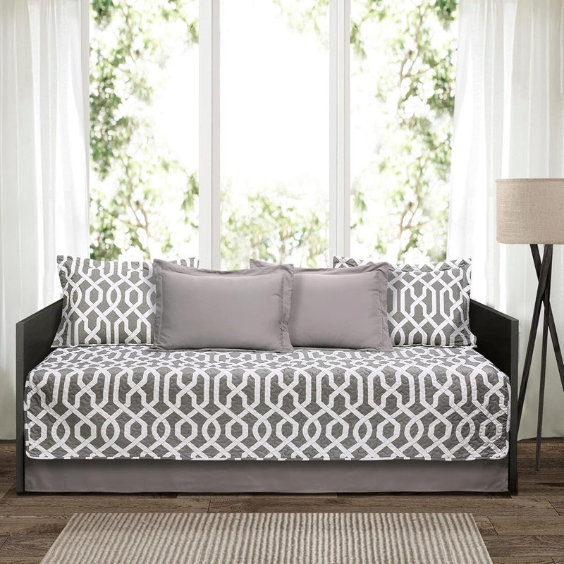 Navy And White Edward Trellis Patterned Daybed Cover Set Includes Bed Skirt, Pillow Shams, And Cushion Covers