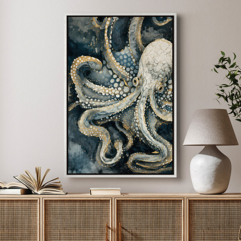 Art mural encadré sur toile - Pieuvre rétro aux couleurs de l'océan profond - 16 po x 24 po, 24 po x 36 po, 24" H x 16" W