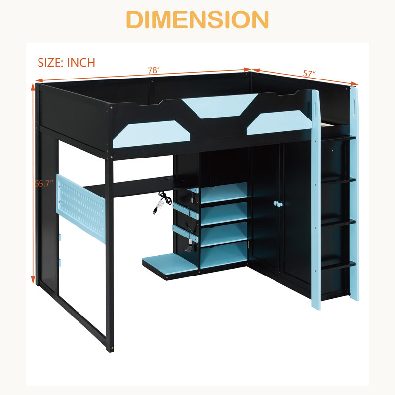 Lit mezzanine double en bois avec bureau, tablettes multiples, lumière USB et RVB, Bleu
