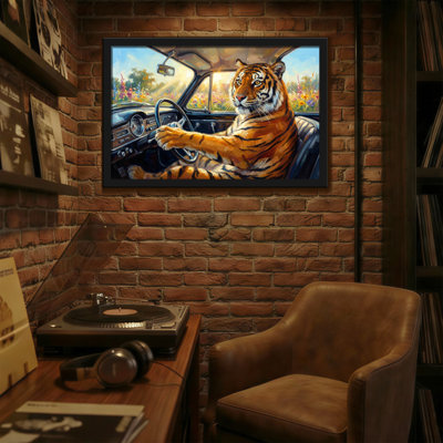 Animals Tiger Driving Classic Car In Field