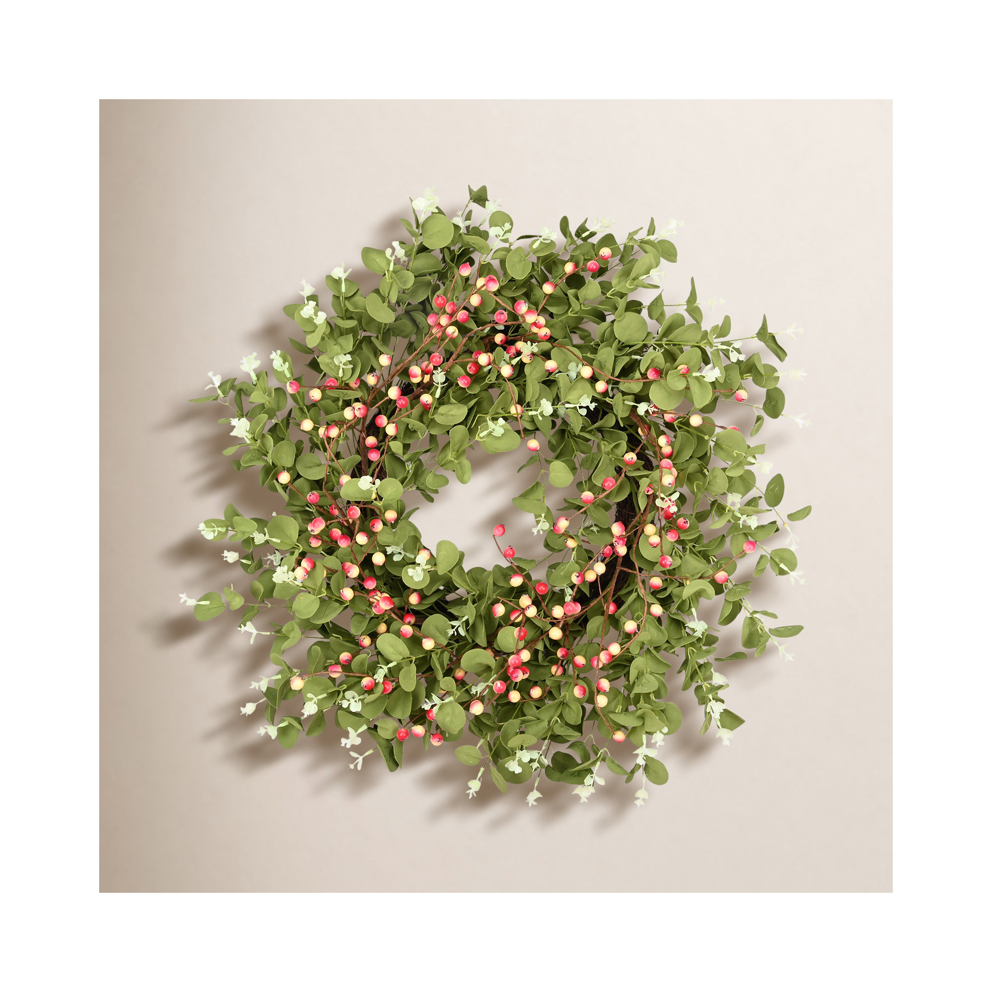 24" Handcrafted Faux Eucalyptus Berry Wreath for Front Door, Pink/Green