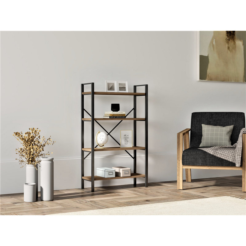 Gervin 39.4" H x 23.6" W Metal Etagere Bookcase, Walnut/Black