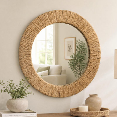 Miroir mural rond en gazon tissé à la main pour chambre à coucher décorative de style campagnard Boho