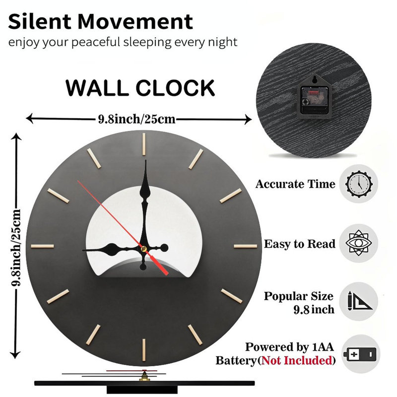Horloge murale ronde en bois 10 po, mouvement à quartz silencieux, imprimé UV, à piles, Gris