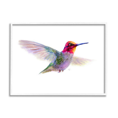 Colibri en vol, oiseau mauve rose, peinture à l'aquarelle sur toile blanche encadrée par Verbrugge