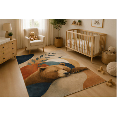 5' x 7' Sleeping Brown Bear Woodland Area Rug, Soft Low Pile Indoor Rug, Non-Slip Silicone Backing, Forest Animal Carpet for Nursery, Kids Room, Playroom, Bedroom, Kids and Pets, Brown Blue