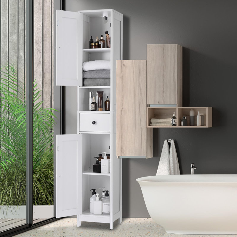Space Saving Bathroom Cabinet, 66" Narrow Storage Cabinet with Adjustable Shelves, White