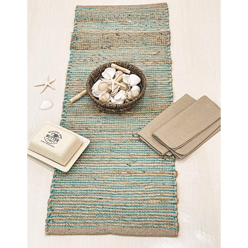 Chemin de table Pingham, Naturel / turquoise, 48 po x 13 po
