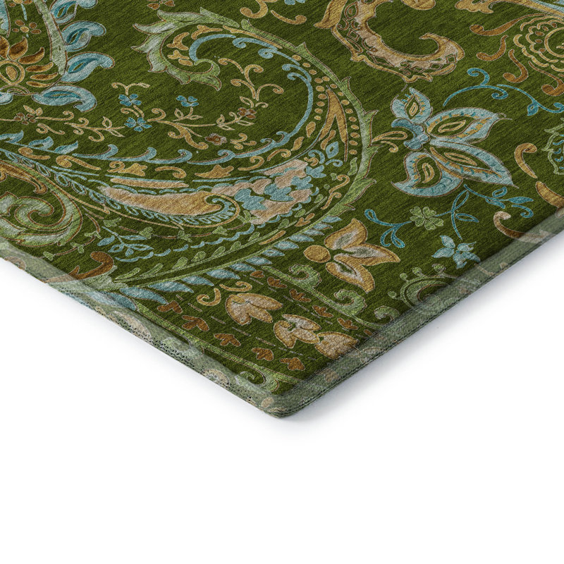 Premium Machine Washable Cerrito AMF533 Green Rug, Rectangle 2'6" x 3'10"