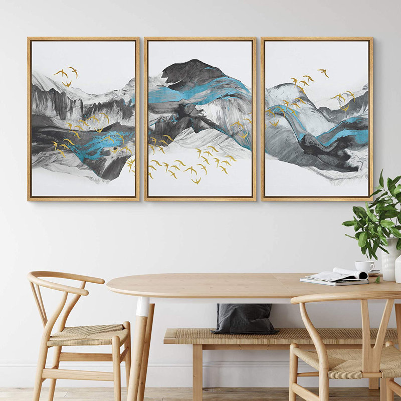 «Abstract Landscape Birds Flying Around The Mountains», reproduction de cadre flottant sur toile 3 pièces, Encadrement brun