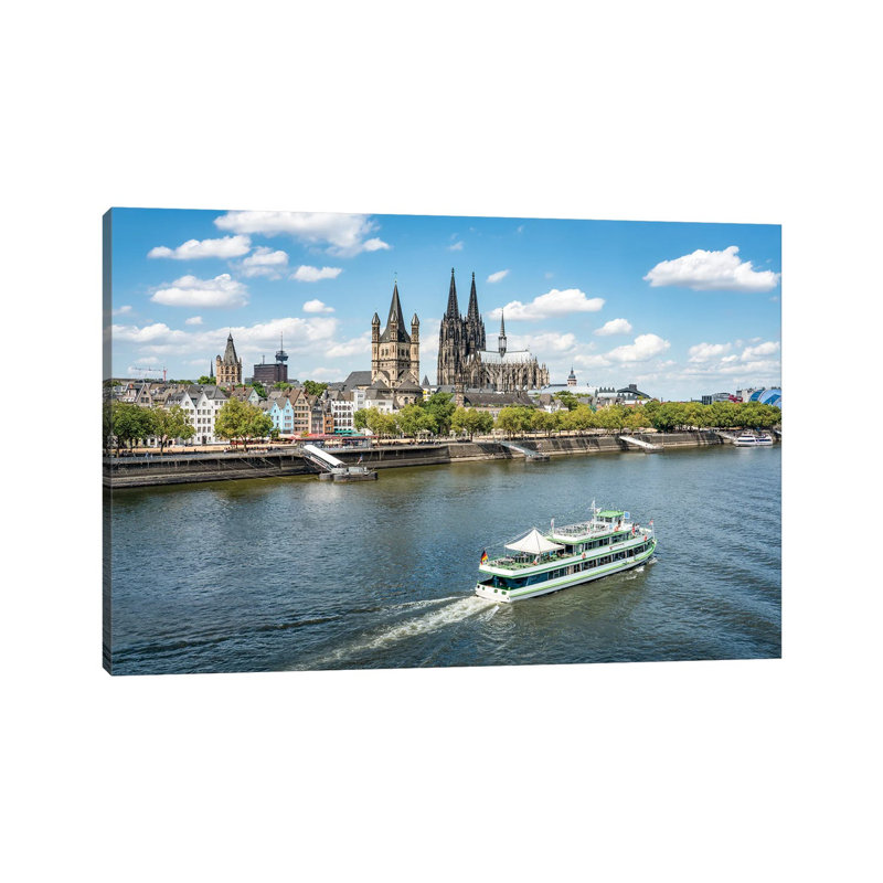 City Of Cologne Along The Rhine River With Cologne Cathedral And Great St. Martin Church by Jan Becke - Wrapped Canvas Print