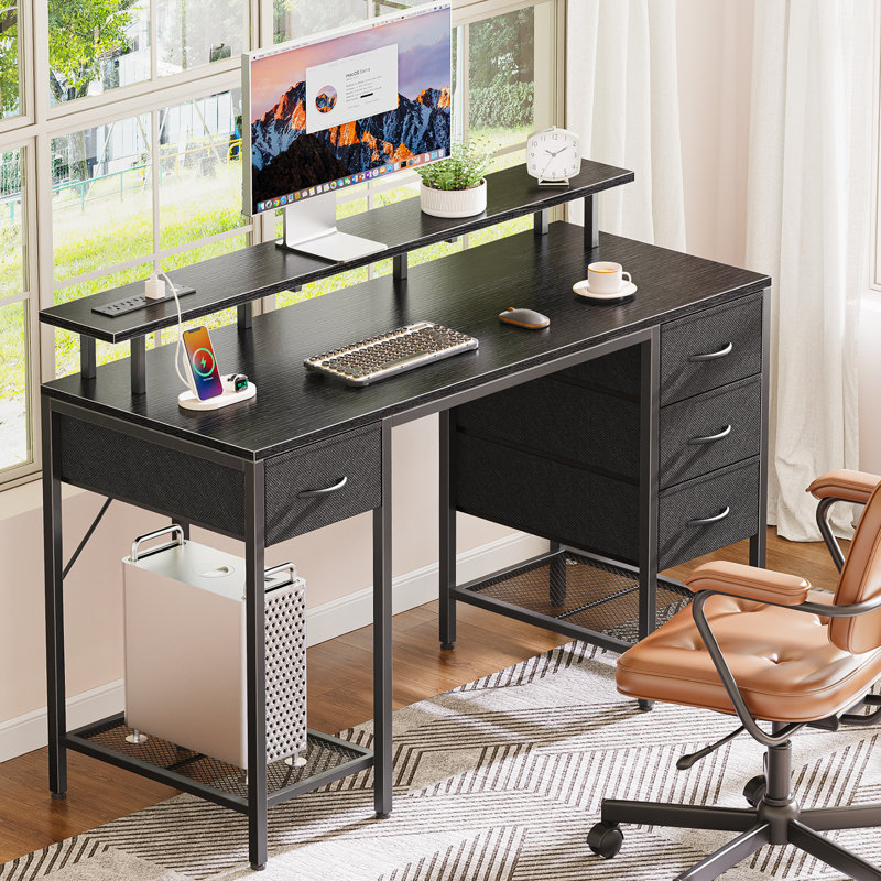 Neesha Desk with LED Lights, Computer Desk with Storage, Corner Desk with Drawers, Home Office Desk with Shelves, Writing Desk with 4 File Drawers, Gaming Desk with Power Outlets, Study Desk