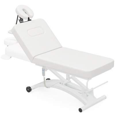 Table de massage électrique blanche professionnelle avec roulettes, dossier réglable hydraulique et berceau, capacité de 550 lb