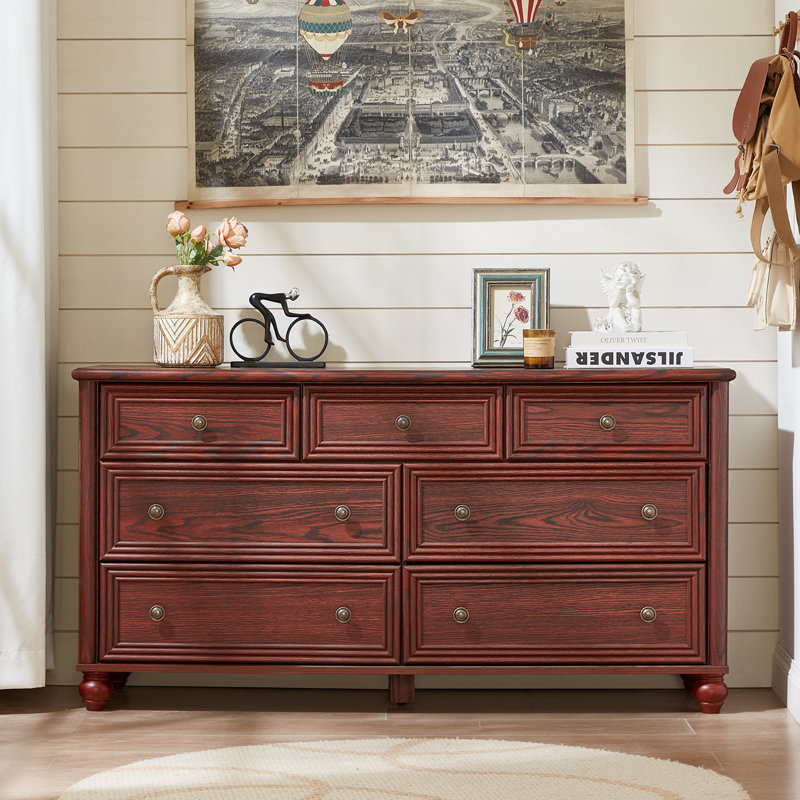 7 Drawers Dresser For Bedroom, Farmhouse 54" Wide Wood Dressers Chest Of Drawers, Vintage Design TV Stand, Rustic Storage Dresser Organizer With Metal Handle Closet For Living Room, Hallway