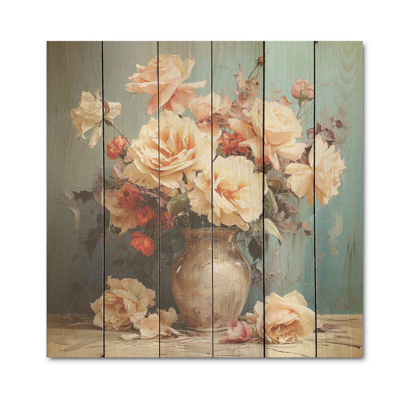 Magnifique bouquet de roses I - Roses, art sur bois de pin naturel, H 30 po x l 30 po