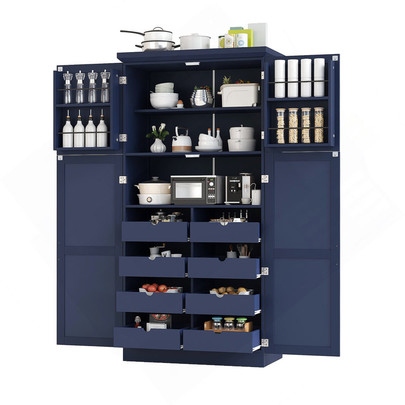 Armoire de cuisine autoportante 35,5 x 17,6 x 70,9 pouces, grande armoire de rangement avec 4 portes, 2 tablettes de porte, 8 plateaux coulissants et tablette réglable pour la salle à manger, bleu