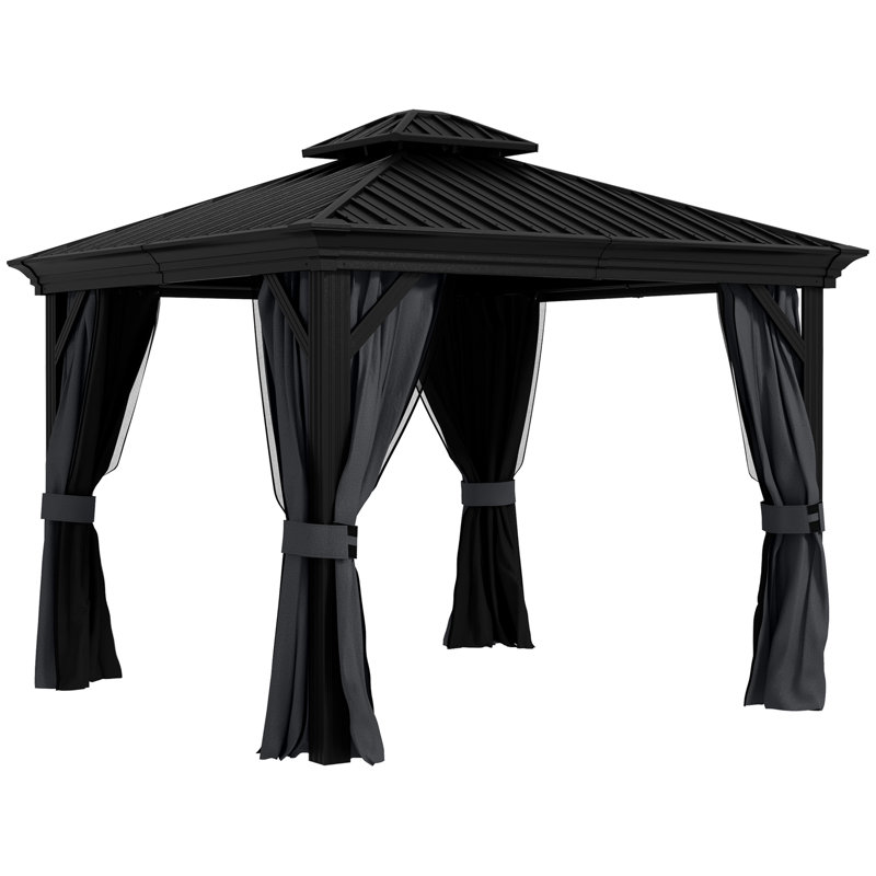 3.65 x 3m Outdoor Double-Tier Hardtop Gazebo with Aluminium Frame, Dark Grey Privacy Curtains and Mosquito Netting for Patio Backyard Use
