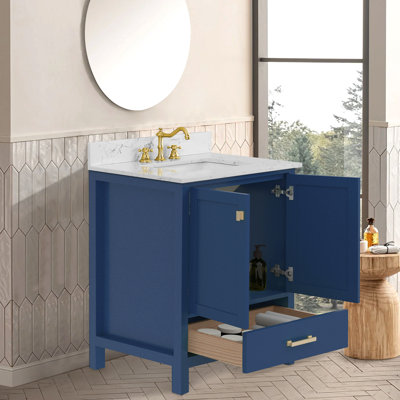 Meuble-lavabo de 76 cm (30 po), armoire de rangement de salle de bain avec cadre en bois massif, comptoir de toilette autoportant avec lavabo bleu