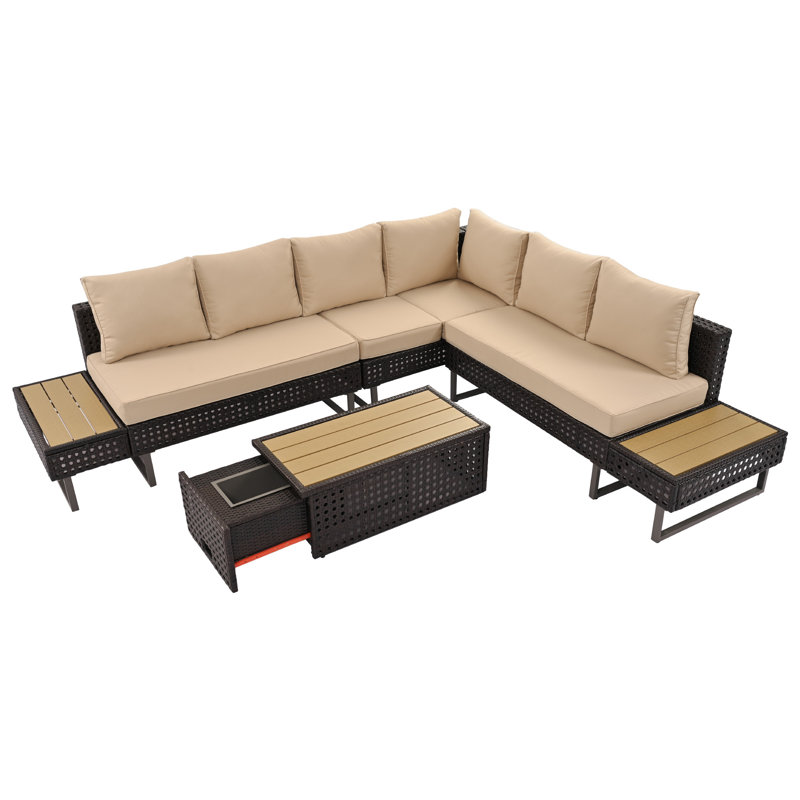  Ensemble modulaire de patio à tissage en diamant pour 6 personnes, table extensible avec seau à glace, siège escamotable
