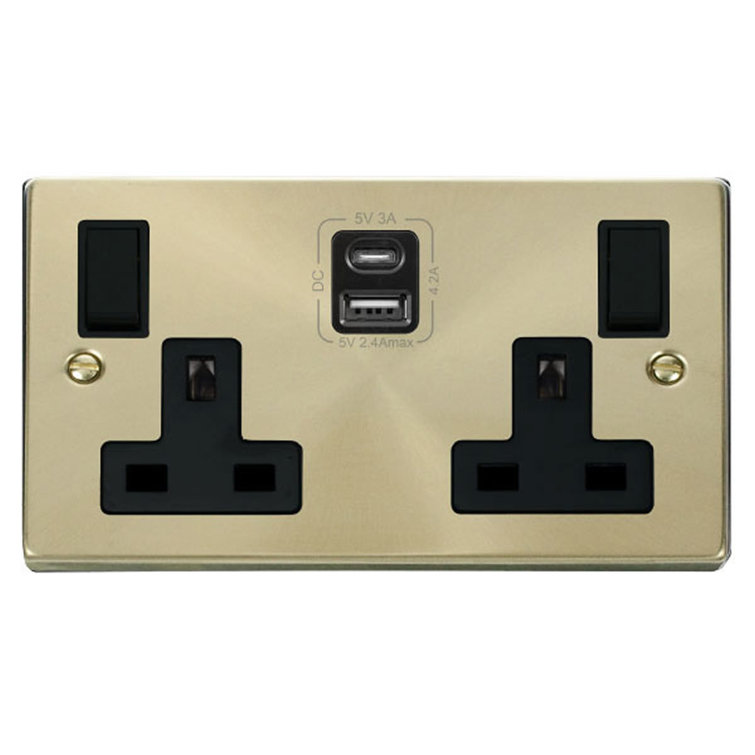 Satin Brass 2 Gang 13A Type A & C USB Twin Double Switched Plug Socket