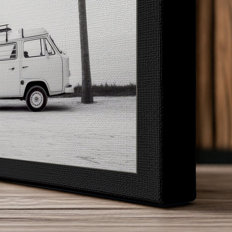 Camper Between Palms Minimalist 1 Piece Wrapped Canvas Wall Art, 24x16 - 61.0 x 40.6 cm, Black Border