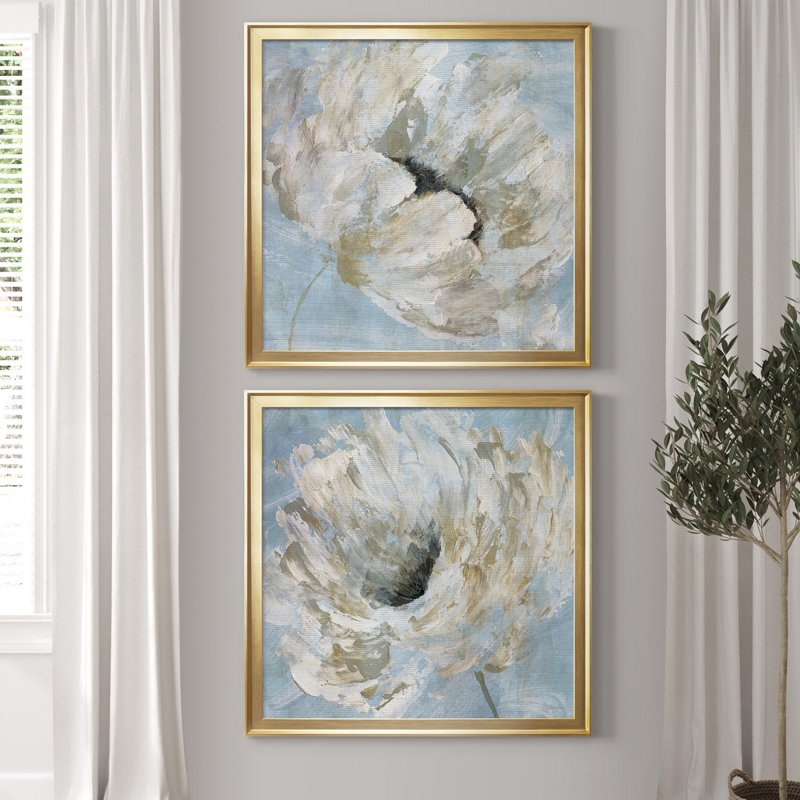 «Blue Blanc I», ensemble de 2 reproductions d'art sur toile tendue, Toile avec cadre doré, Pas de tapis