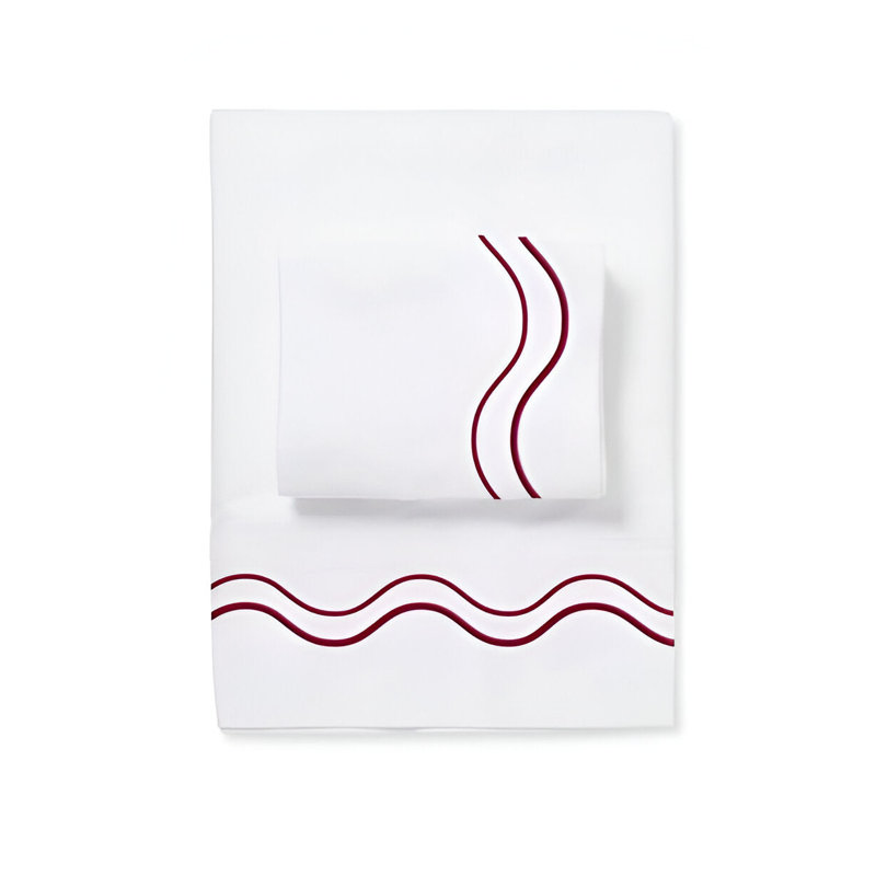 Double Wavy Embroidered Cotton 4 Piece Sheet Set Fitted Sheet Fits Upto 16" Deep Pocket, Burgundy Border