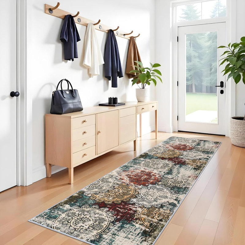 Rug Runner Washable - Hallway Runners Abstract Non-Slip Pet Friendly Low Pile Rug Soft Indoor Floor Mat Front Door for Bedroom Entryway Laundry Red
