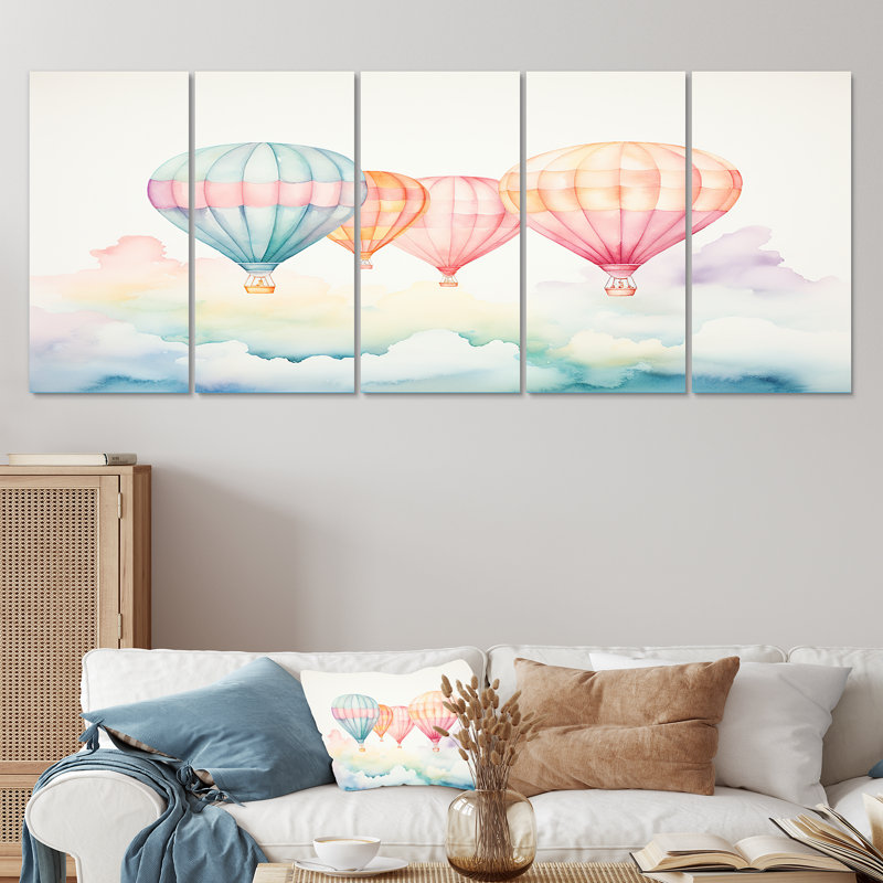 Aquarelle verte et rouge montgolfière Horizon II - montgolfière, art mural 5 pièces, H 28 po x l 60 po