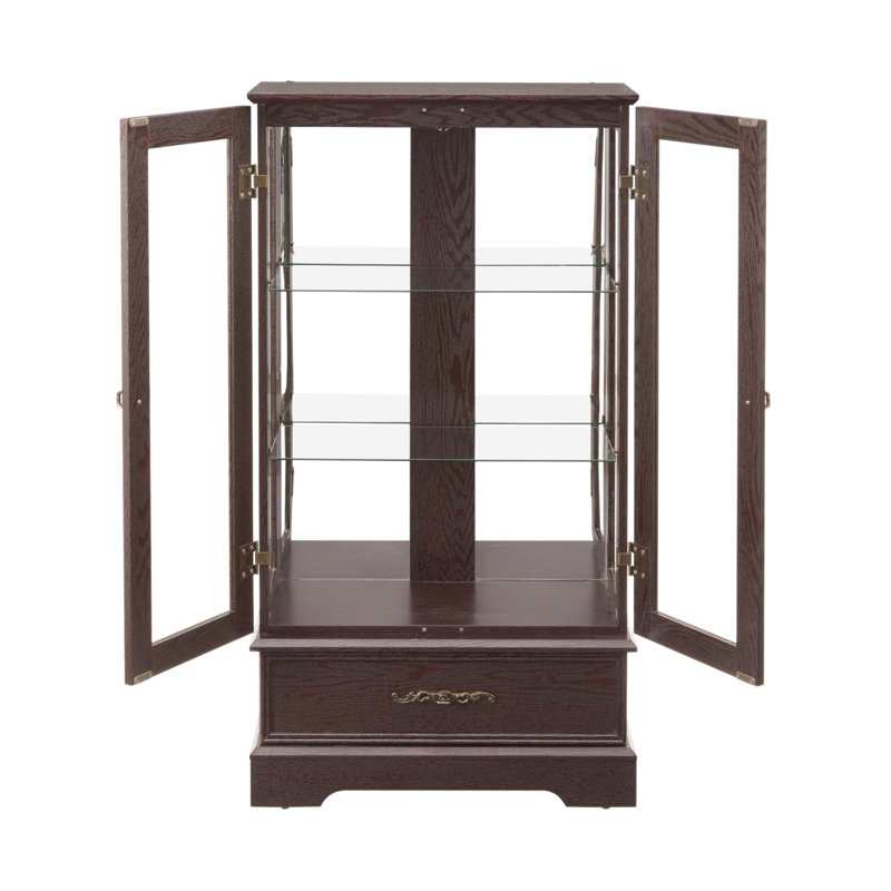 Vitrine lumineuse en verre avec tablettes réglables, 2 portes et 1 tiroir pour une décoration intérieure élégante, Cerisier