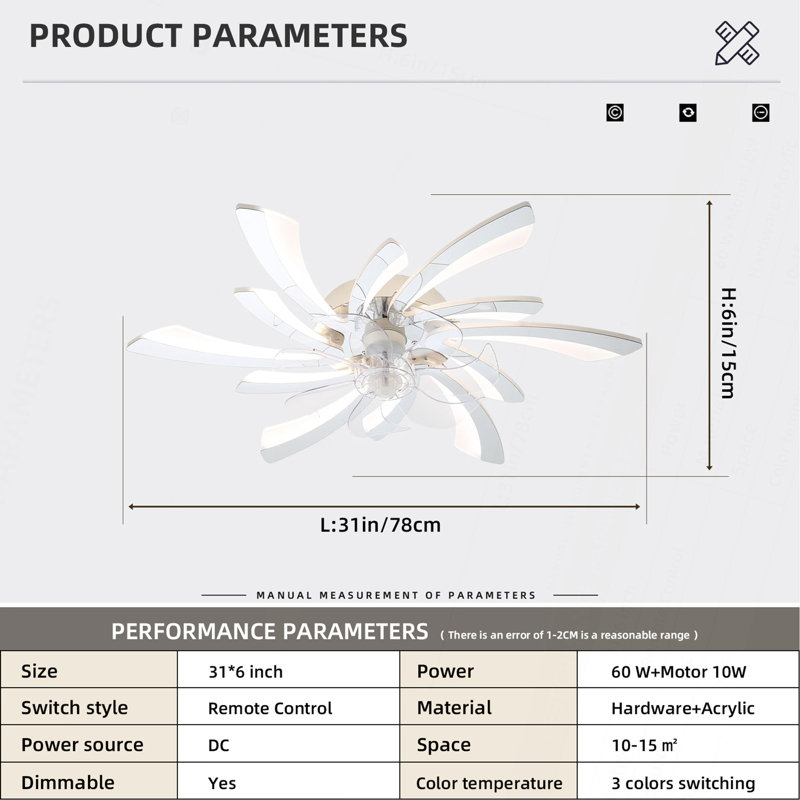 Ventilateur de plafond 30,7 po avec lumières, télécommande 3 températures de couleur, ventilateur à 6 vitesses, Chrome chrome
