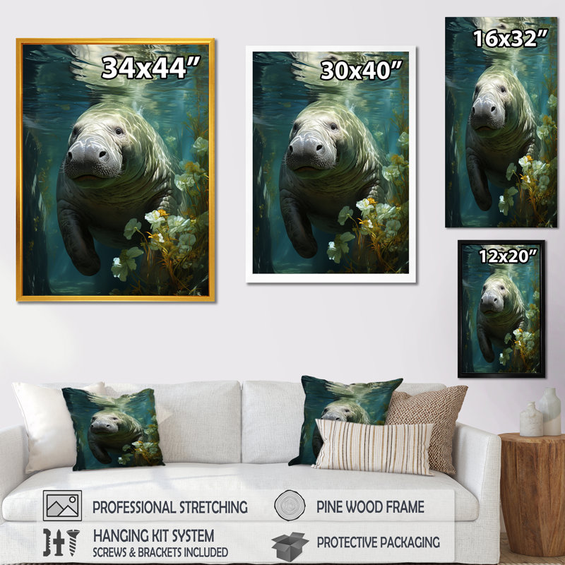 Lamantin Grace 2 - art mural animaux côtiers, Cadre flottant doré, H 20 po x l 12 po x P 1 po