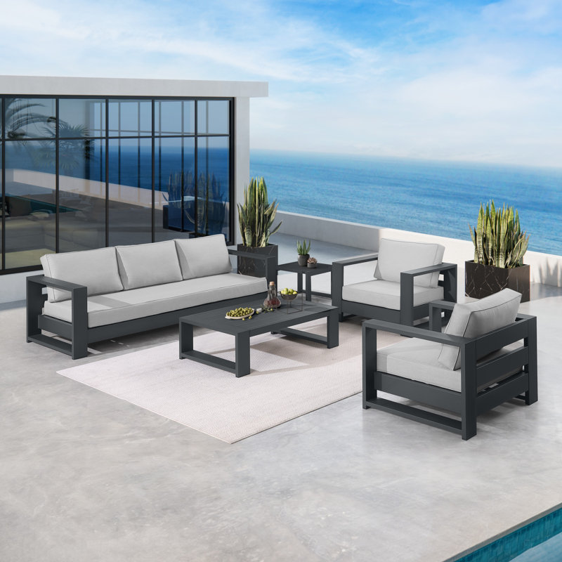 Hoyt Outdoor Aluminum 5-Piece Conversation Set with End Table, Slate Black/Grayish
