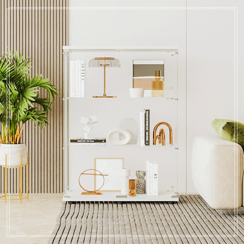 Display Stand,Glass Cabinet 3 Shelves with Door,Floor Standing Bookshelf, White