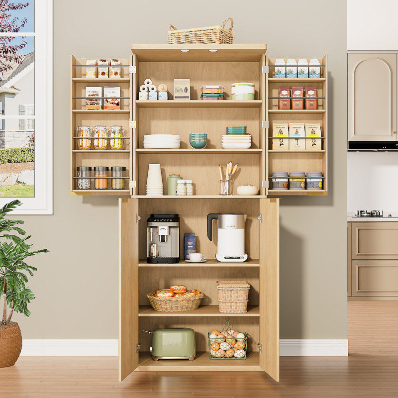 72" Tall Kitchen Pantry Modern Fluted Wood Storage Cabinet With Doors,6 Door Shelves, Organizer, Versatile Cupboard For Kitchen, Dining, 30"W X 15.75"D X 72"H.